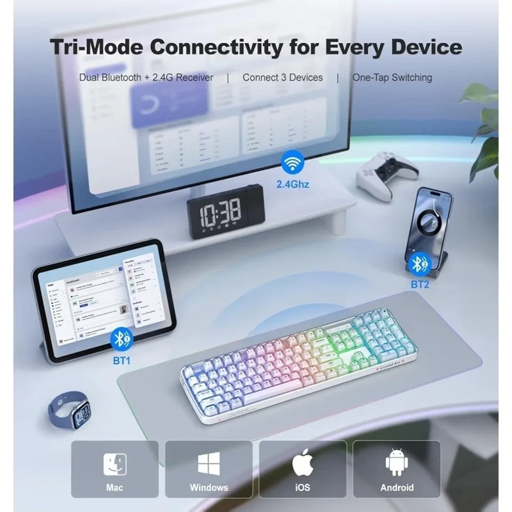 MOFII Wireless RGB Keyboard Tri-Mode Bluetooth/USB-C/2.4G Crystal Jelly Keys